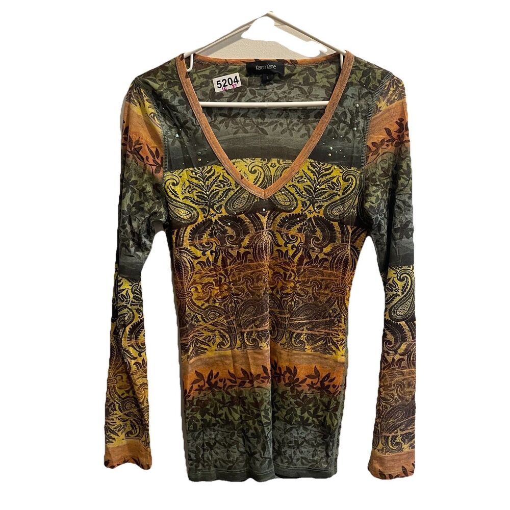 Karen Kane Long Sleeve V Neck Top Large Colorful Floral Print Y2K Burnout Retro